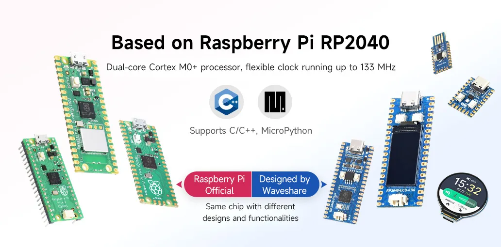 Based on Raspberry Pi RP2040 Dual-core Cortex MO+ processor, flexible clock running up to 133 MHz