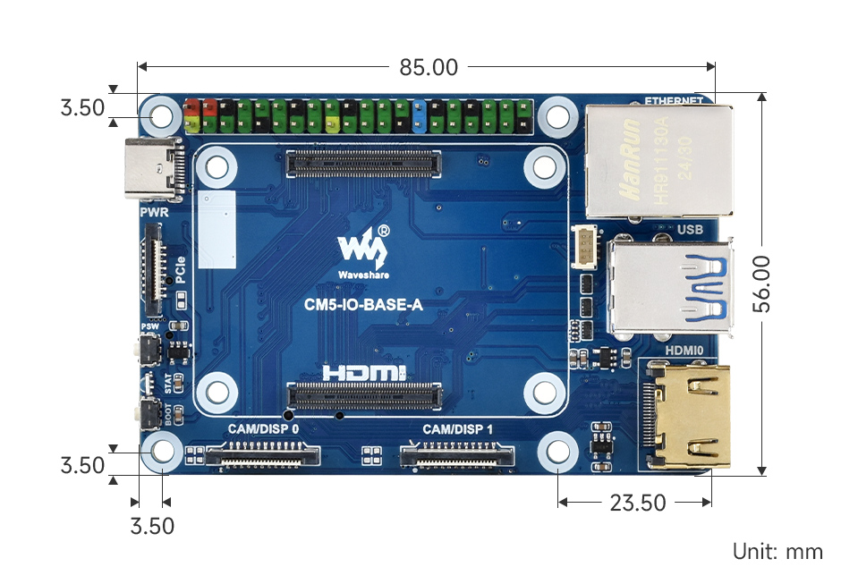 Mini Base Board (A) designed for CM 5, outline dimensions