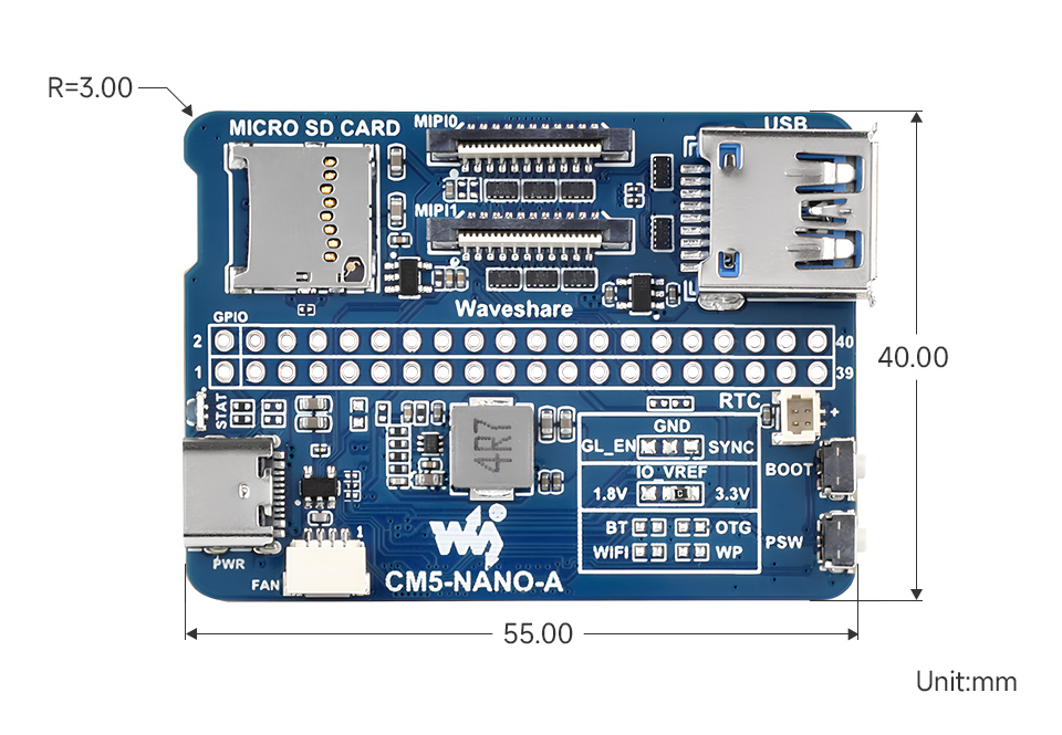 Nano Base Board (A) for Raspberry Pi Compute Module 5, outline dimensions