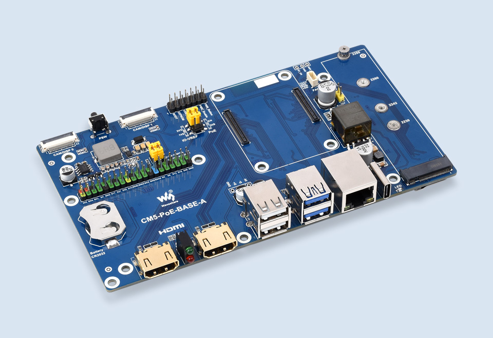 Compute Module 5 PoE Base Board, front view and features