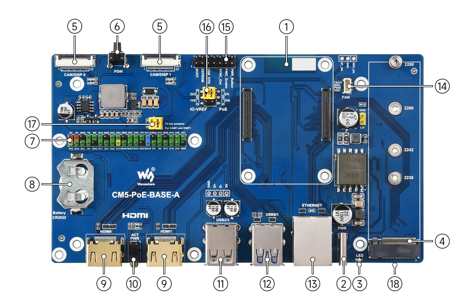 Compute Module 5 PoE Base Board, onboard components