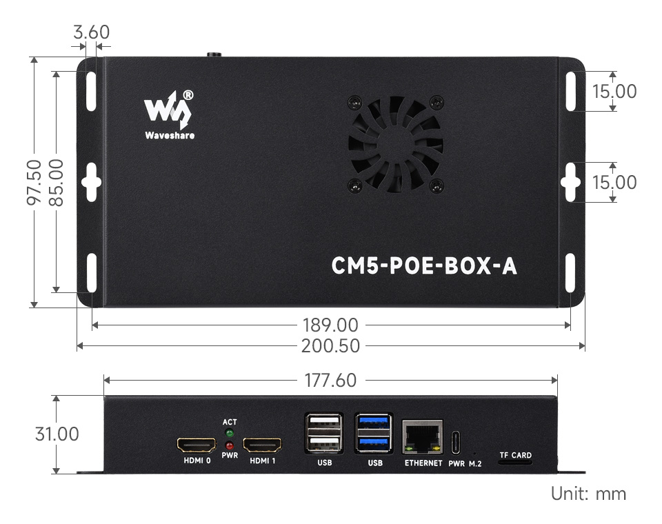 Compute Module 5 PoE Base Board, PoE Mini-Computer Kit outline dimensions