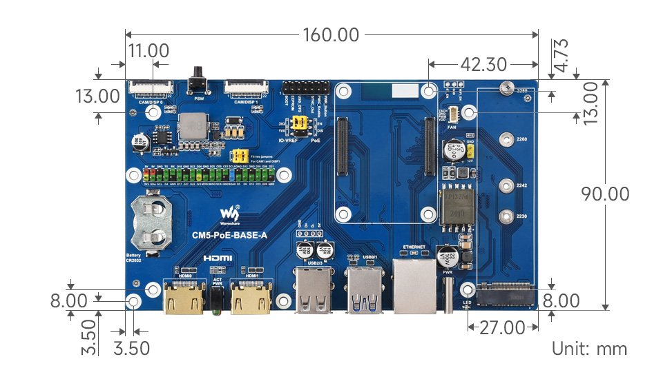 Compute Module 5 PoE Base Board, PoE Base Board outline dimensions