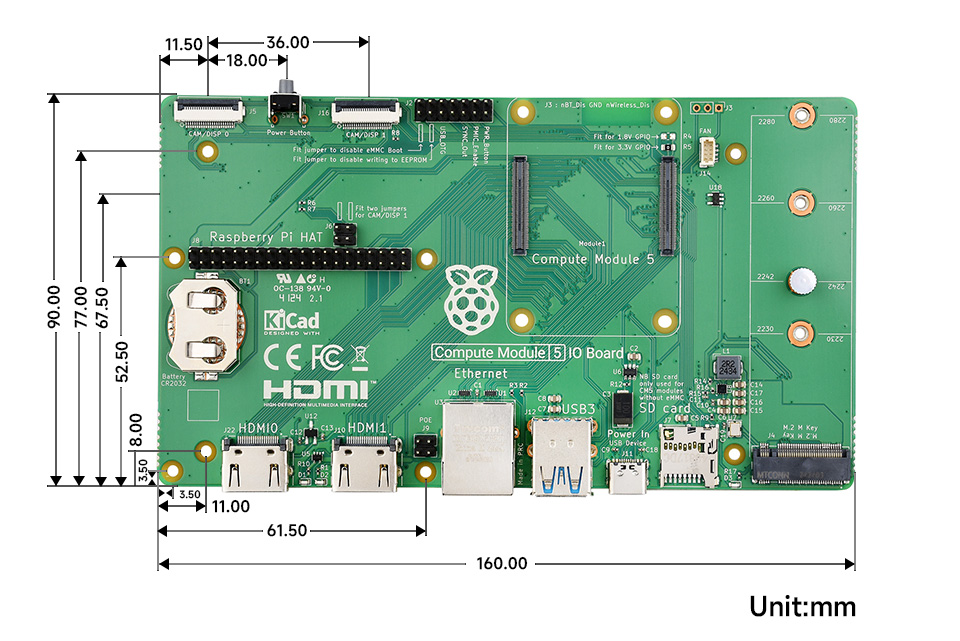 Raspberry Pi Compute Module 5 IO Board, outline dimensions