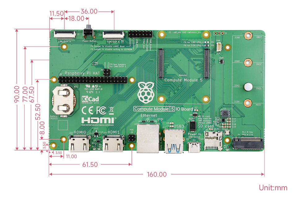 Raspberry Pi Compute Module 5 IO Board, outline dimensions