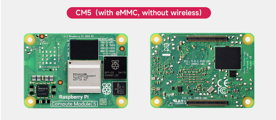 Raspberry Pi Compute module 5, front and back view with eMMC and without WIFI