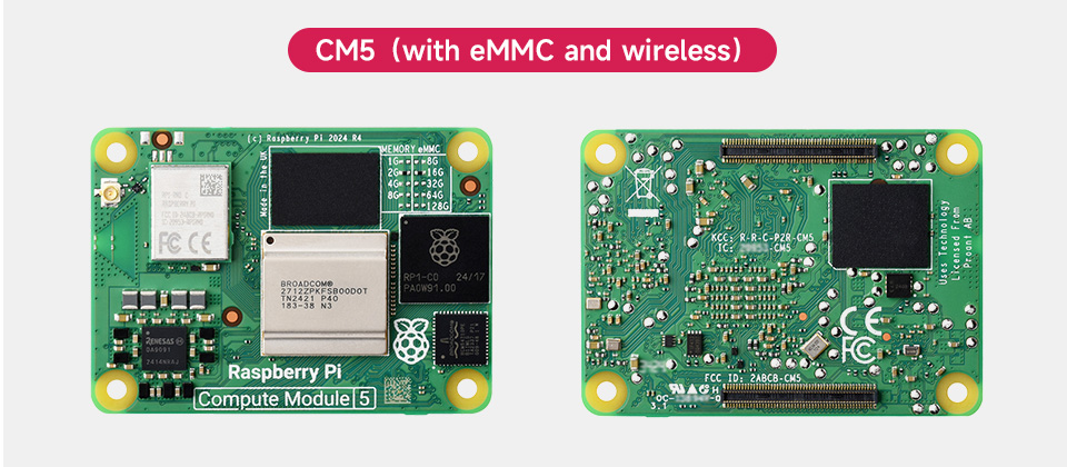 Raspberry Pi Compute module 5, front and back view with eMMC and WIFI