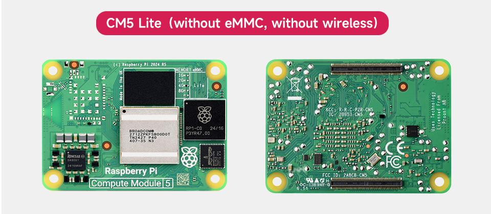 Raspberry Pi Compute module 5, front and back view without eMMC and WIFI