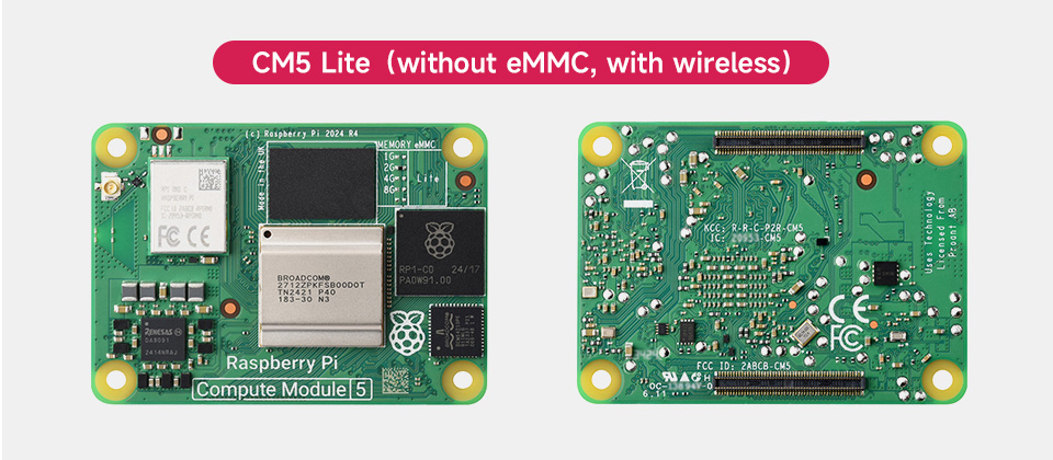 Raspberry Pi Compute module 5, front and back view without eMMC and with WIFI