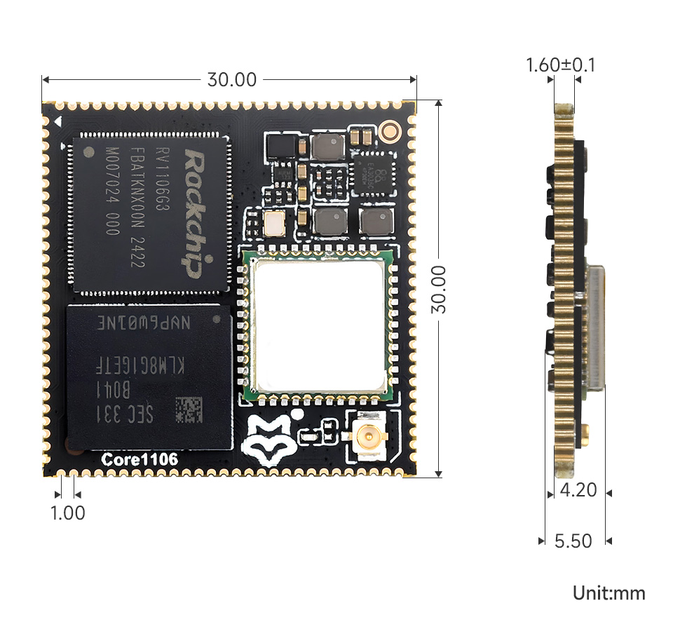 Luckfox Core1106 Core Board, outline dimensions