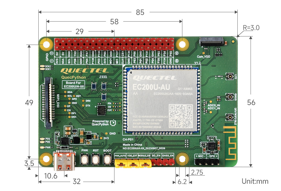 EC200U C4-P01 development board outline dimensions