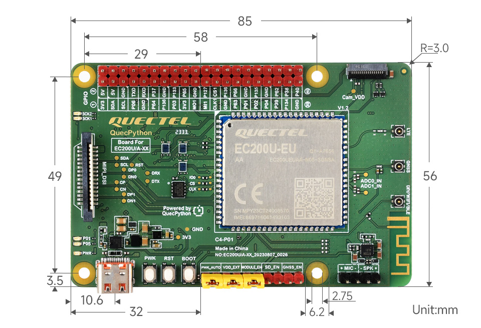 EC200U C4-P01 development board outline dimensions