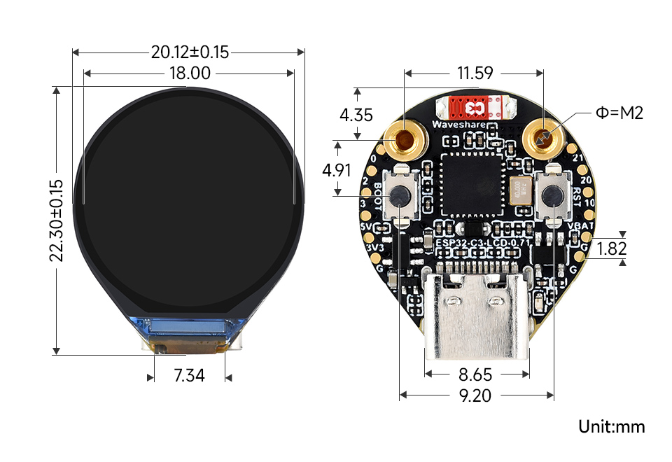 ESP32-C3 LCD 0.71, outline dimensions