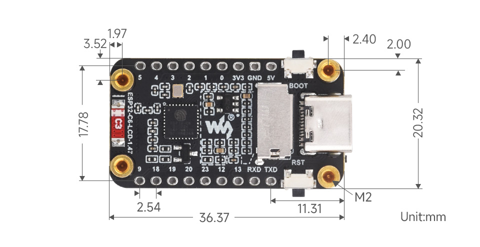 ESP32-C6 LCD 1.47, outline dimensions