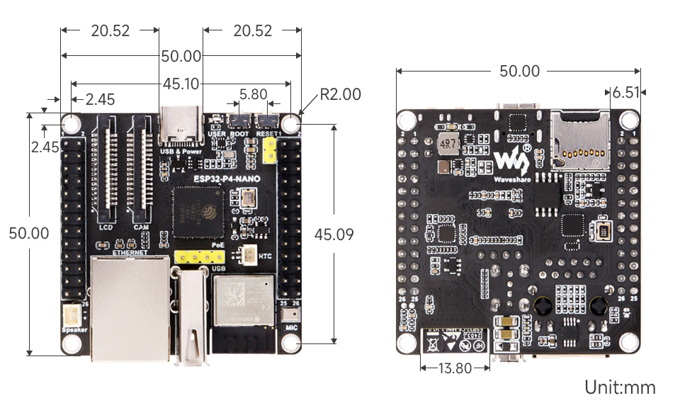 ESP32-P4-NANO development board, outline dimensions