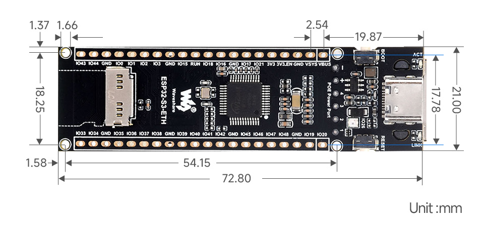 ESP32-S3 ETH vývojová doska, obrysové rozmery