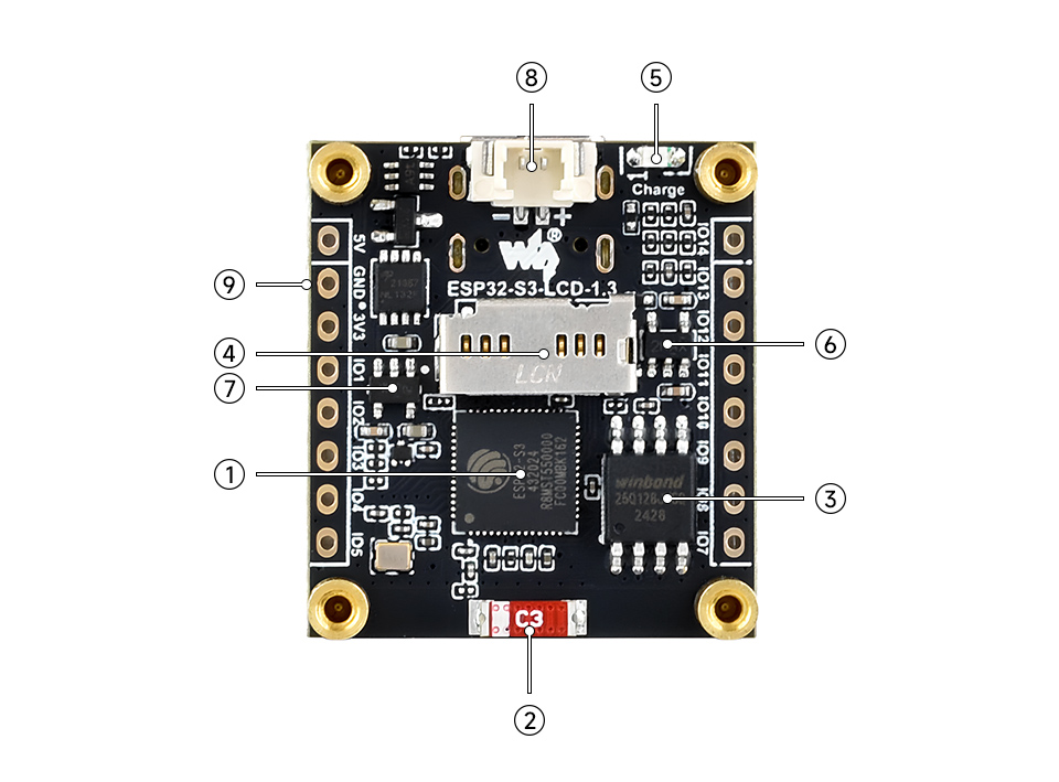 ESP32-S3 1.3inch display development board, onboard components