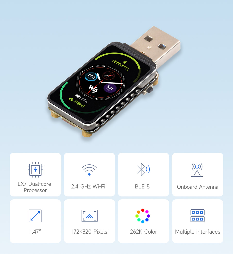 ESP32-S3 LCD 1.47, front view and features