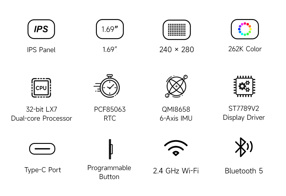 ESP32-S3 1.69inch display development board, features