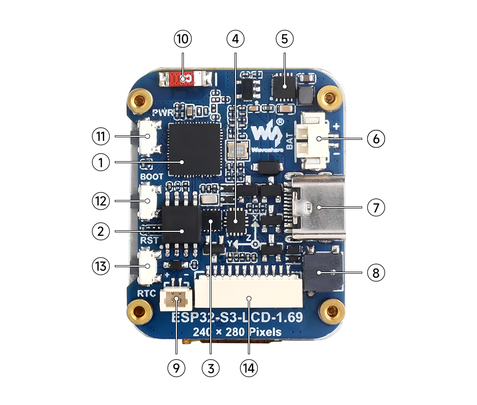 ESP32-S3 1.69inch display development board, onboard components