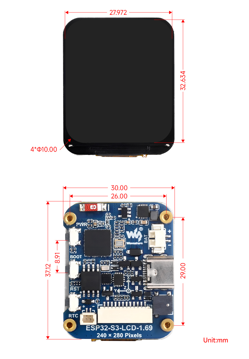 ESP32-S3 1.69inch display development board, outline dimensions