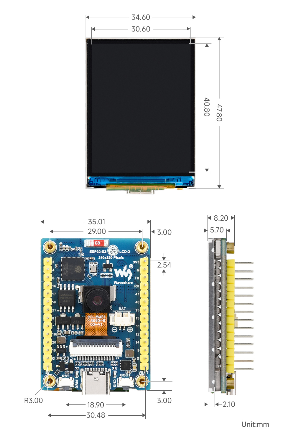 ESP32-S3 2inch touch display development board, outline dimensions