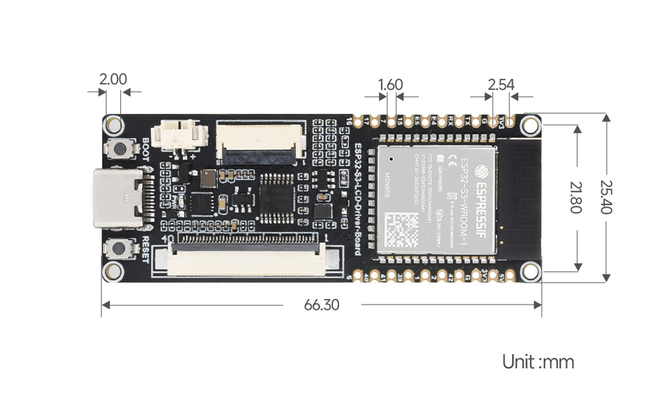 ESP32-S3 LCD Driver Board, outline dimensions