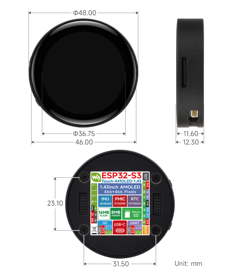 ESP32-S3-Touch-AMOLED-1.43-B, outline dimensions