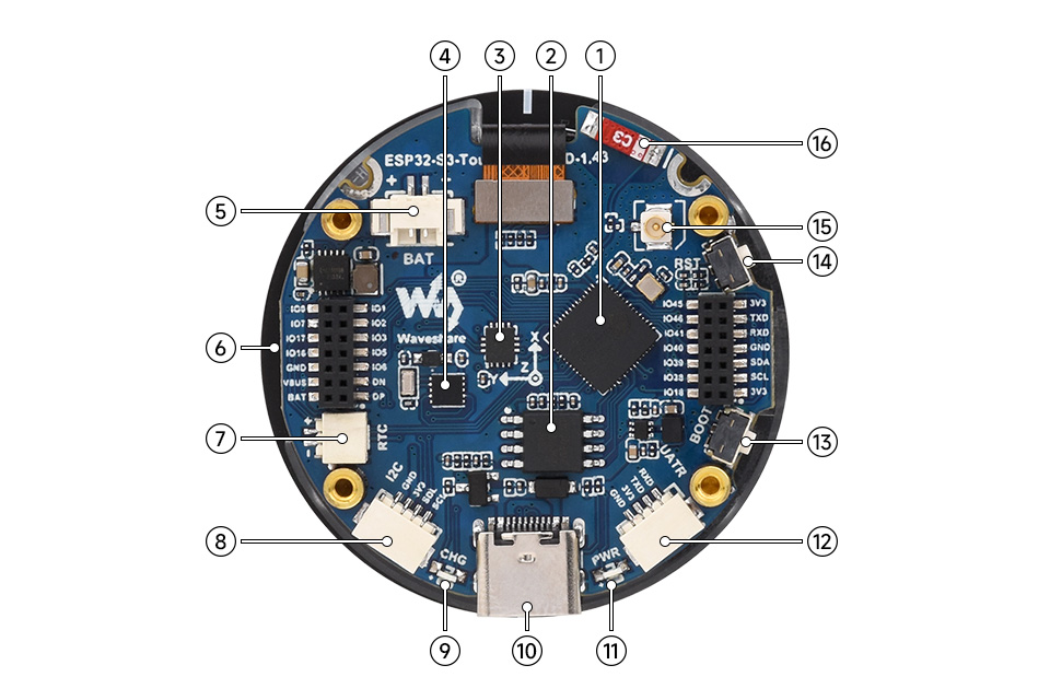 ESP32-S3 Touch AMOLED 1.43, onboard components