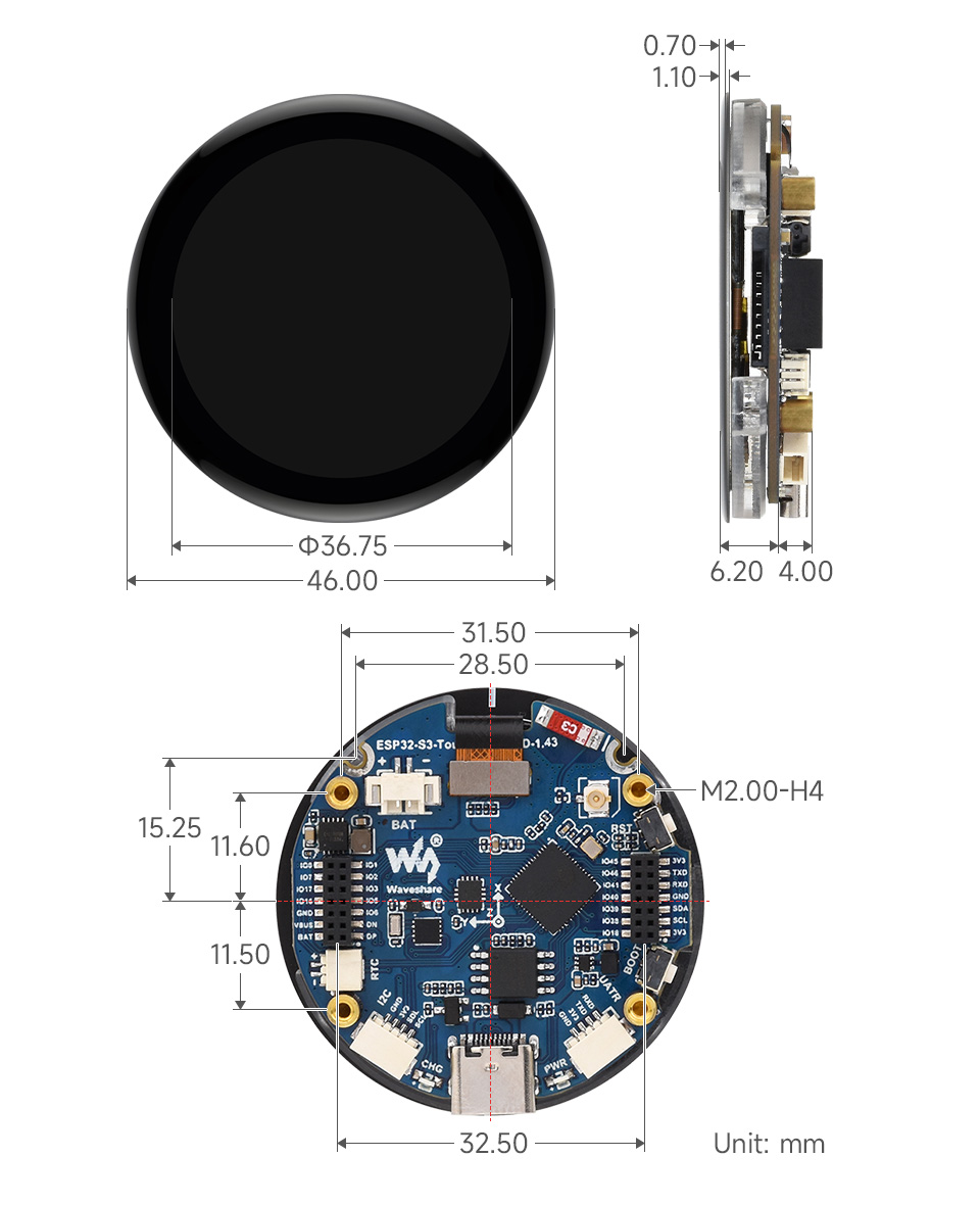 ESP32-S3-Touch-AMOLED-1.43, outline dimensions