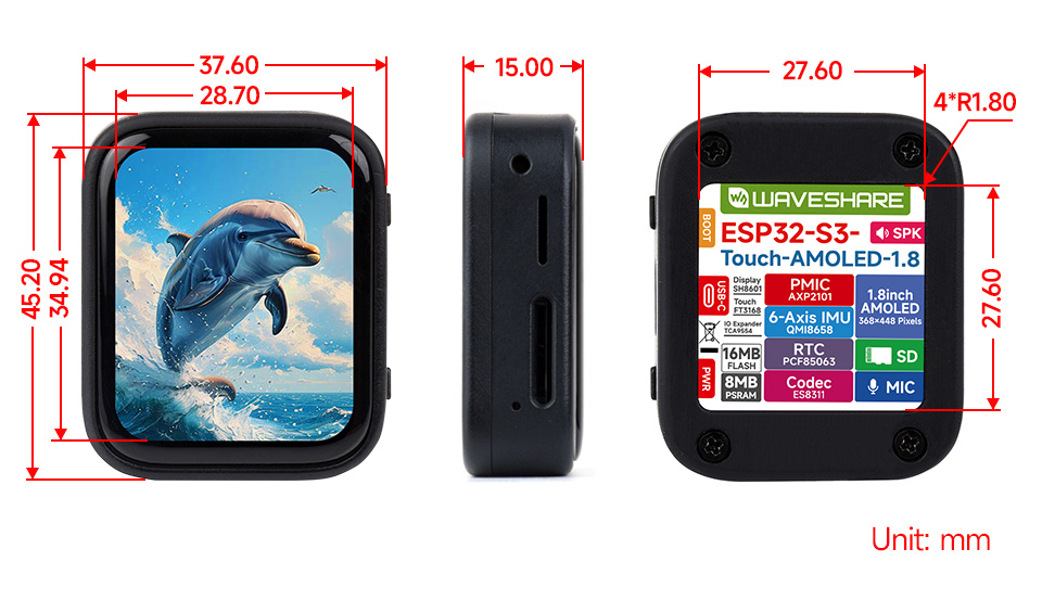 ESP32-S3 1.8inch touch display development board, outline dimensions