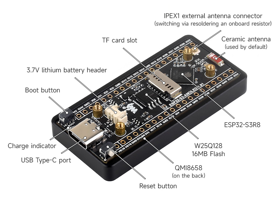 ESP32-S3 Touch AMOLED 1.91, komponenty na doske