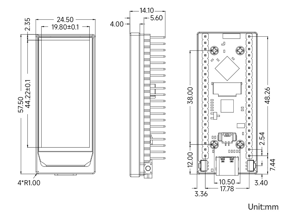 ESP32-S3 AMOLED 1,91, obrysové rozmery