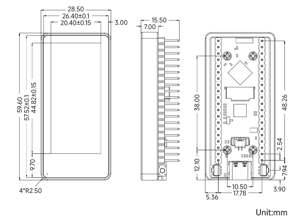 ESP32-S3 Touch AMOLED 1.91, obrysové rozmery