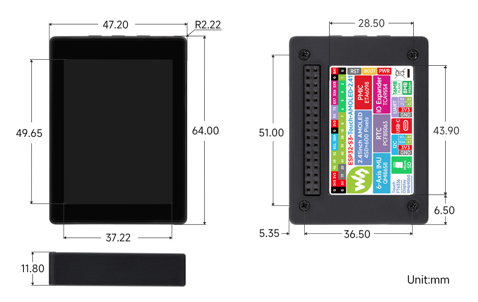 ESP32-S3-Touch-AMOLED-2.41-B, outline dimensions