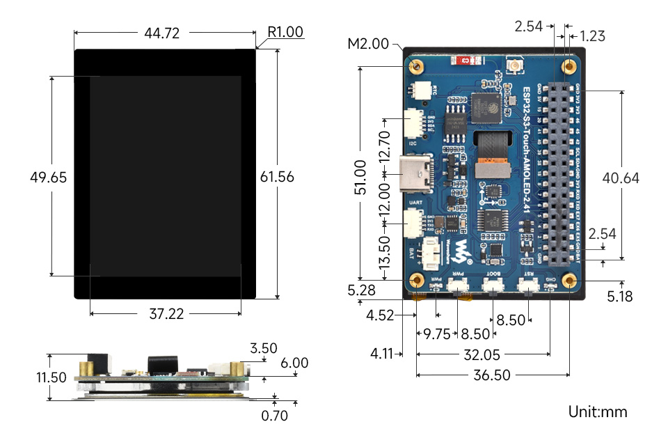 ESP32-S3-Touch-AMOLED-2.41, outline dimensions