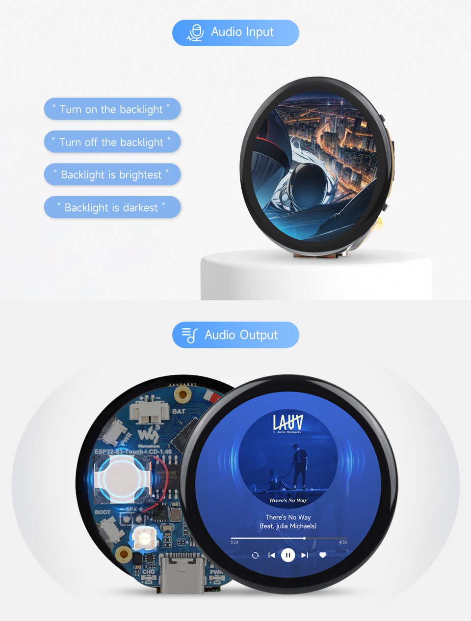 ESP32-S3 Touch LCD 1.46, onboard audio input and output