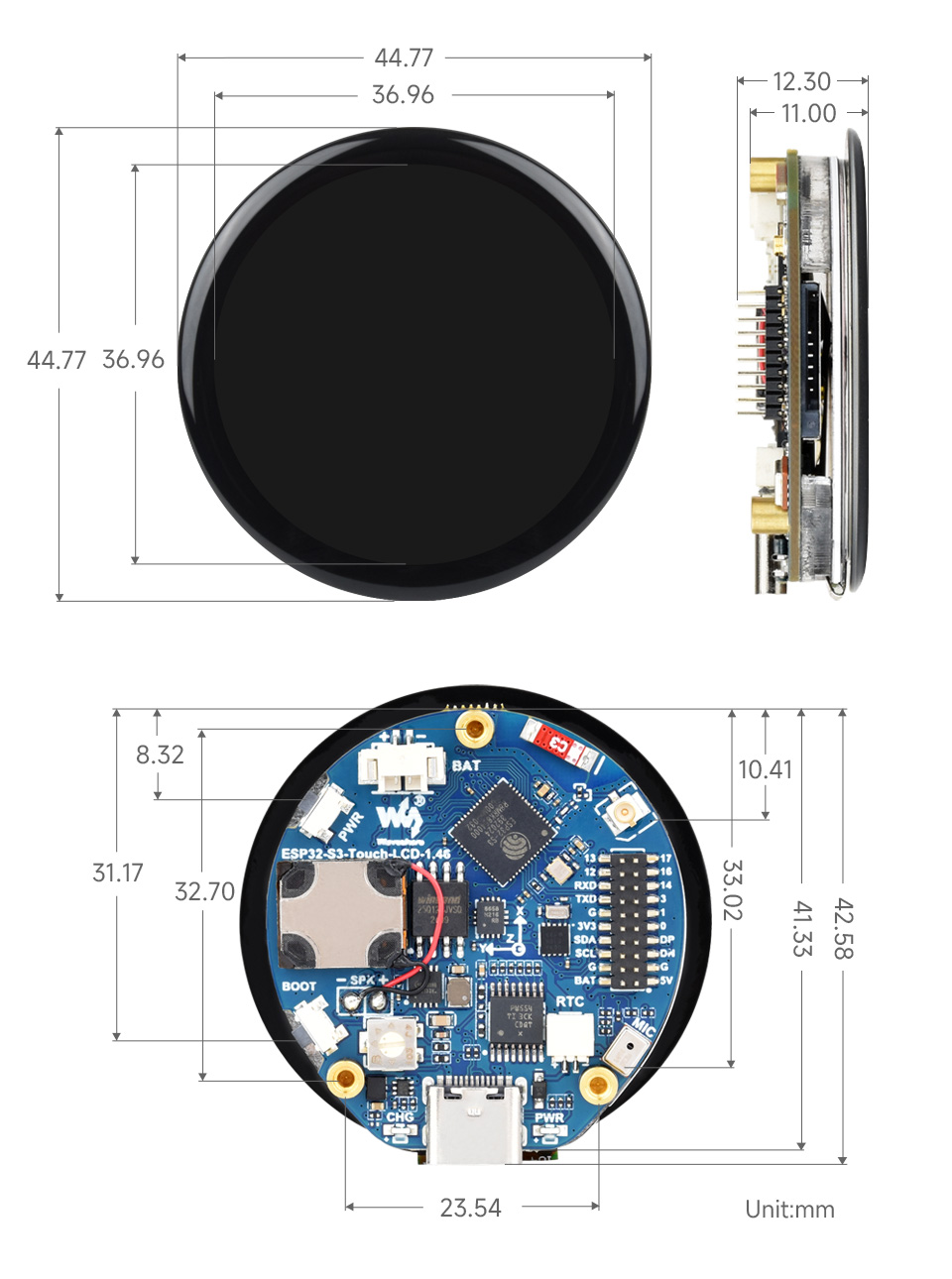 ESP32-S3 Touch LCD 1.46, outline dimensions