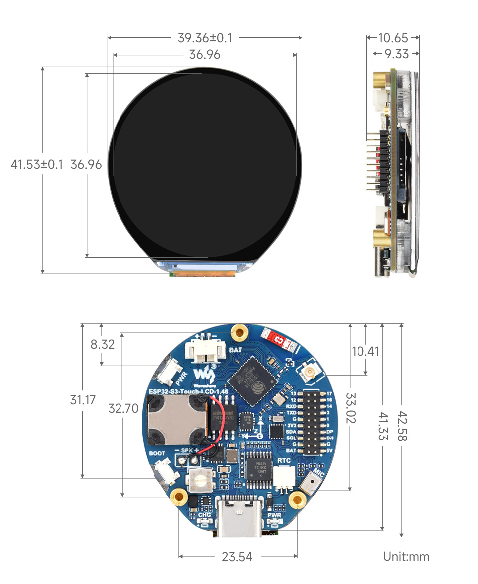 ESP32-S3 Touch LCD 1.46B, outline dimensions