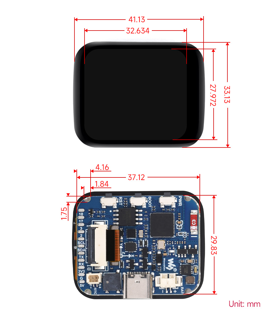 ESP32-S3 1.69inch touch display development board, outline dimensions
