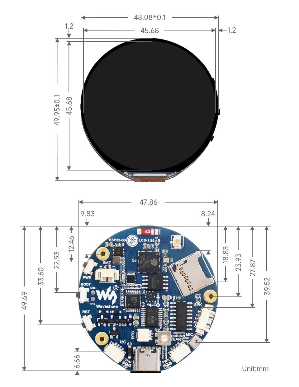 ESP32-S3 LCD 1.85, outline dimensions