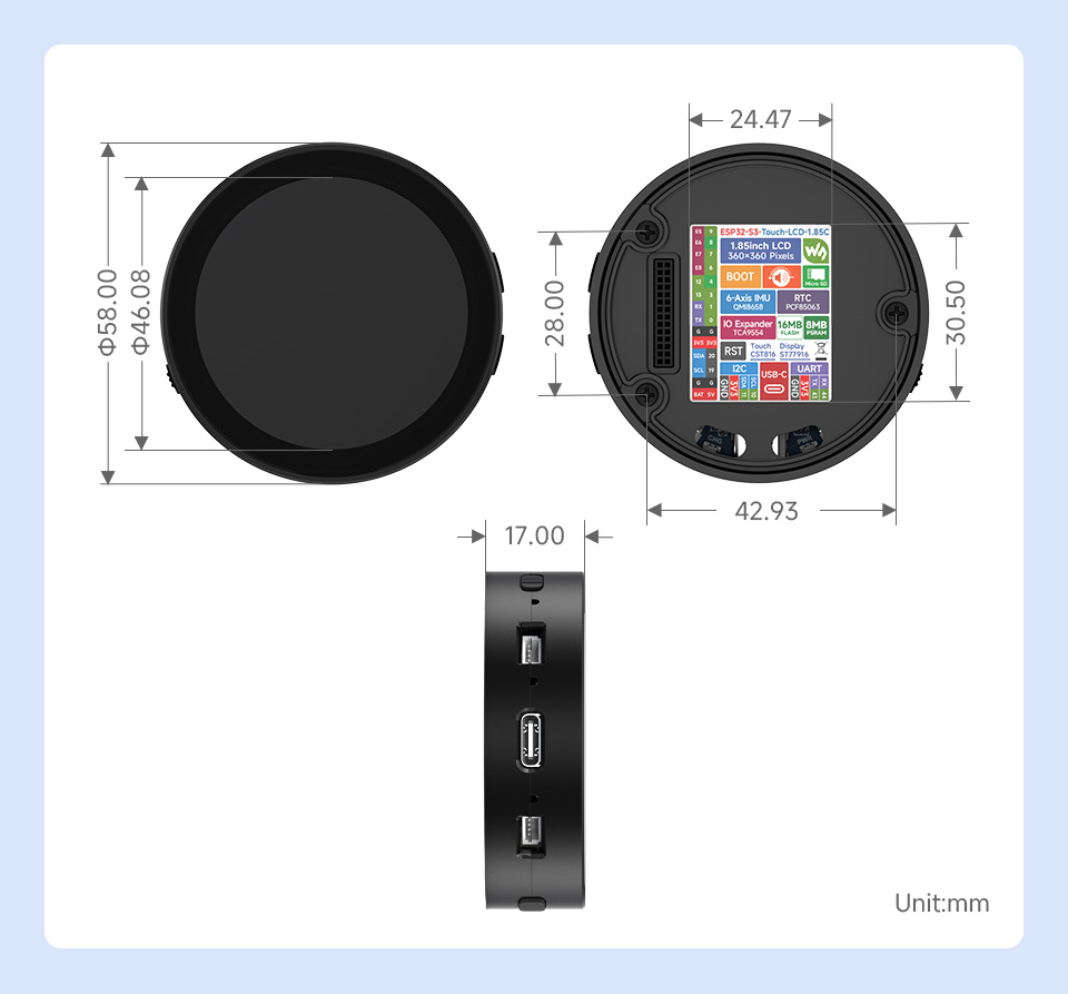 ESP32-S3-Touch-LCD-1.85C, outline dimensions