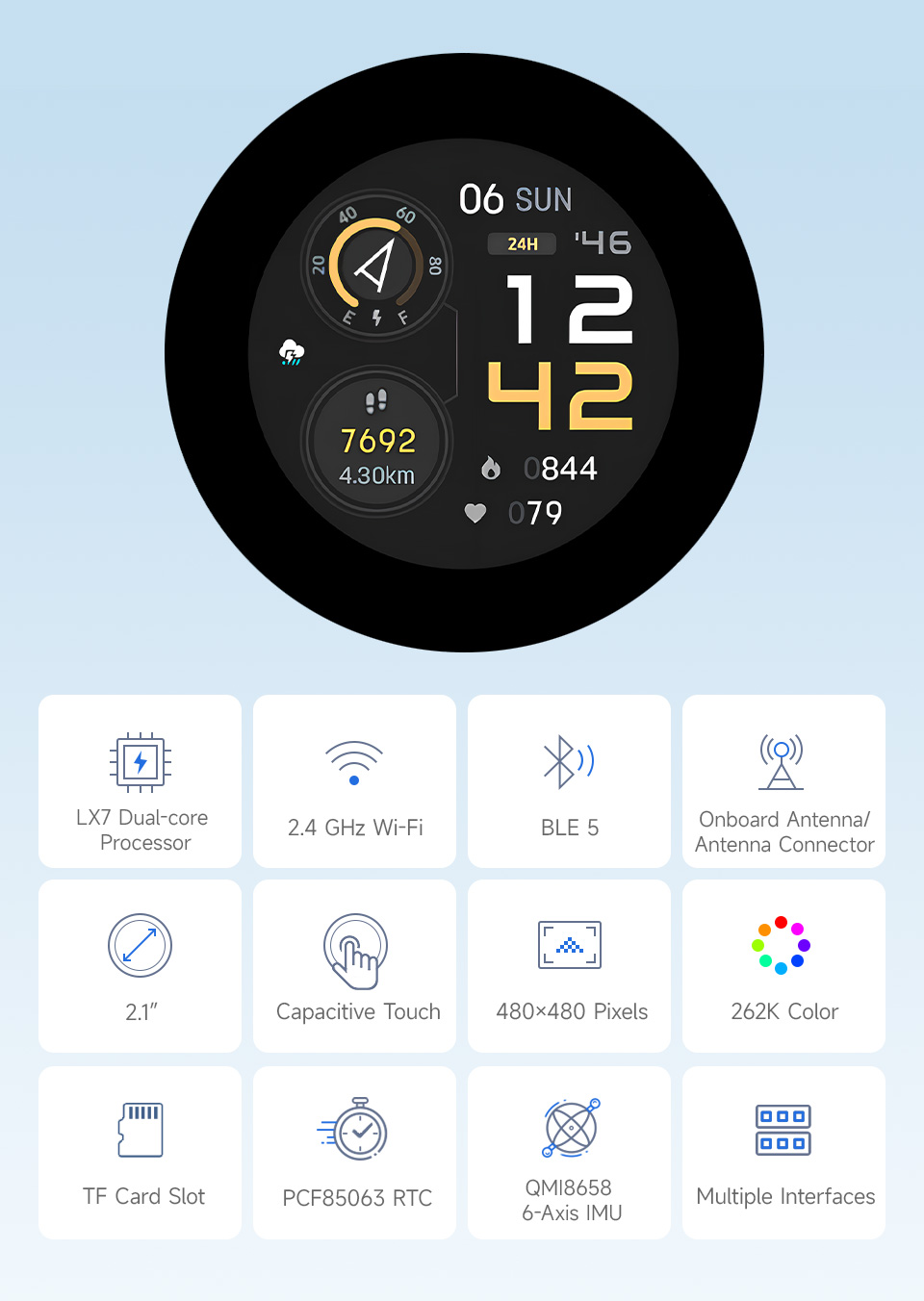 ESP32-S3 2.1inch Touch LCD, front view and features