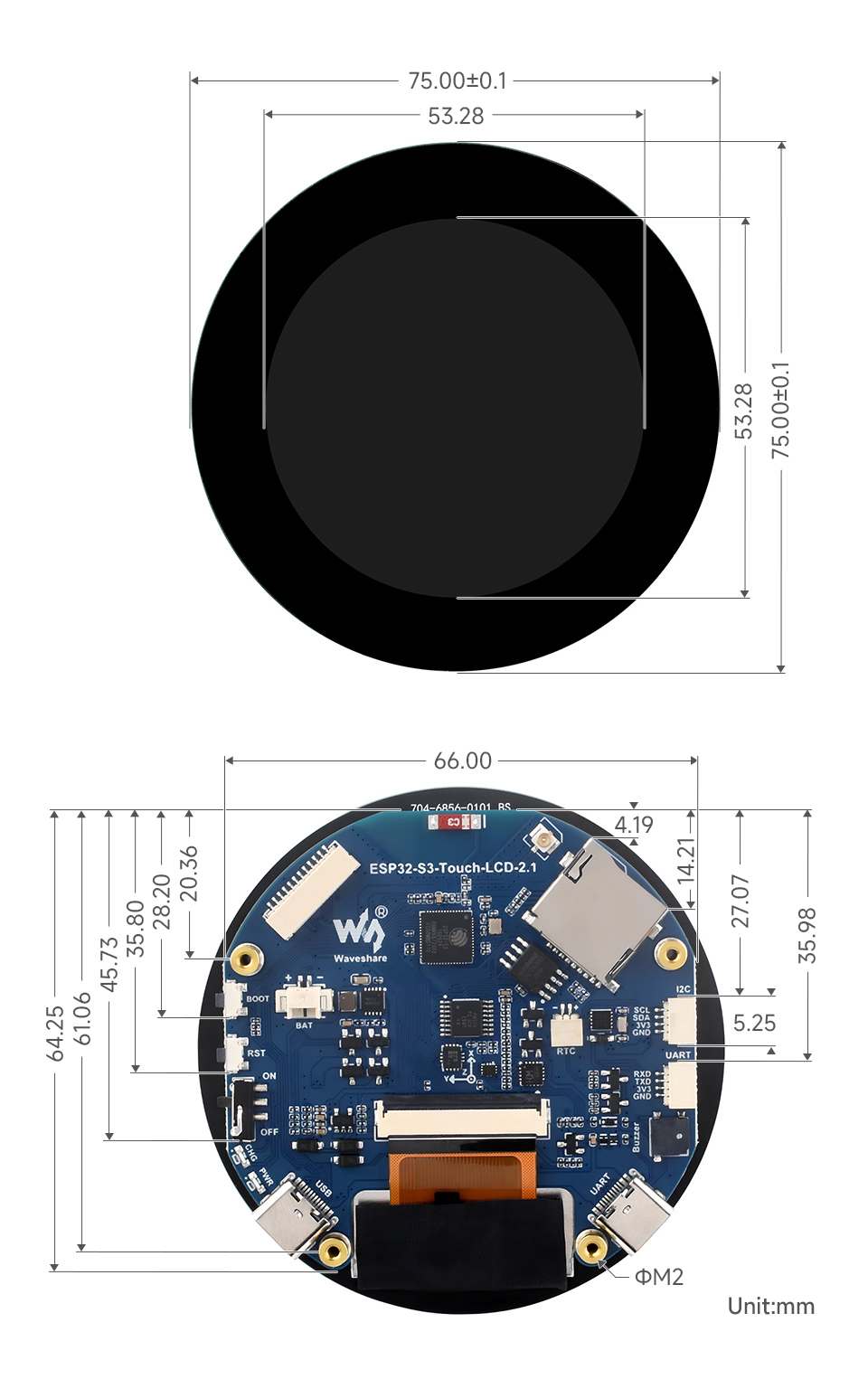 ESP32-S3 2.1inch Touch LCD, outline dimensions