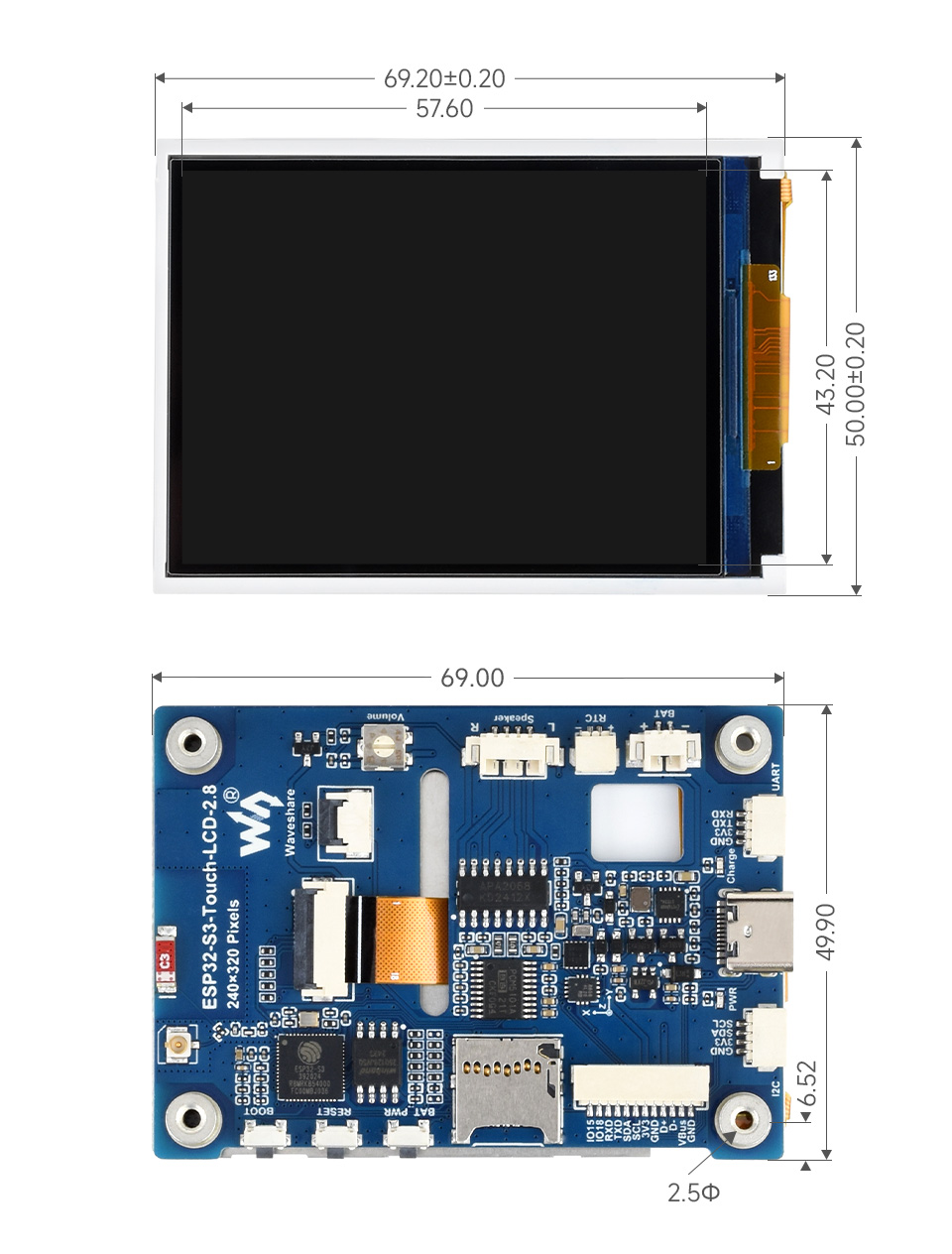 ESP32-S3 Touch LCD 2.8, outline dimensions