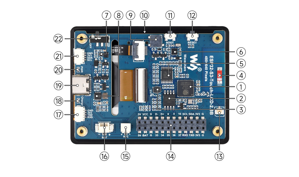 ESP32-S3 2.8inch Touch LCD, onboard components