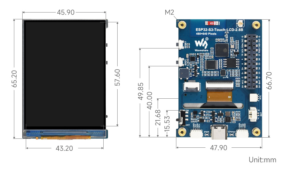 ESP32-S3-LCD-2.8B, outline dimensions