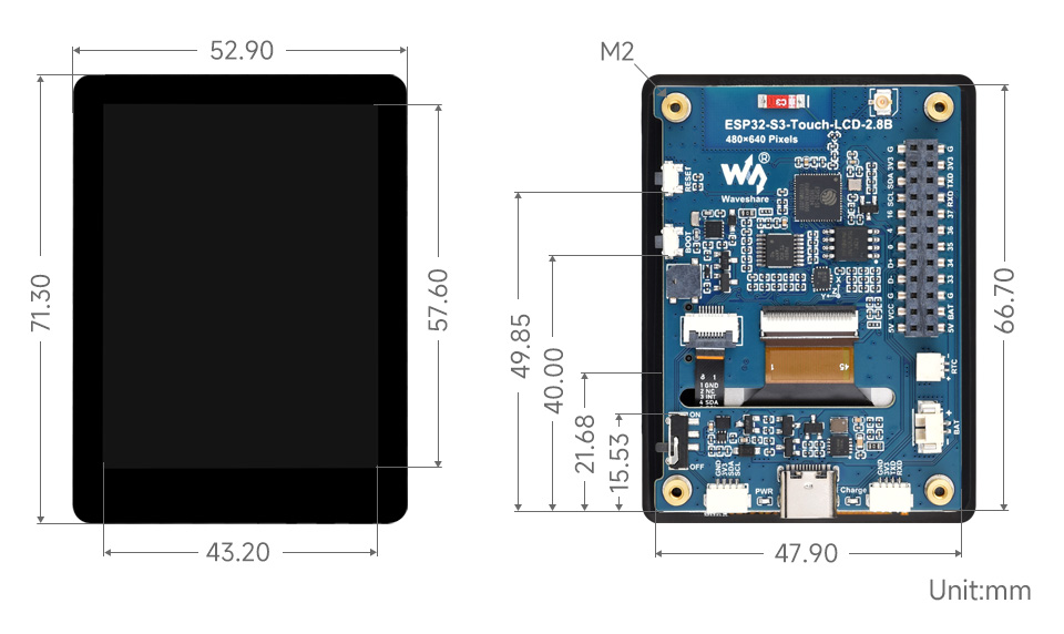 ESP32-S3-Touch-LCD-2.8B, outline dimensions