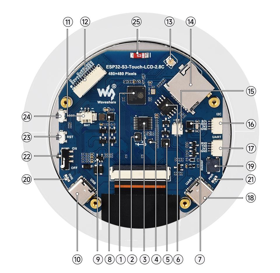 ESP32-S3 2.8inch Touch LCD, onboard components