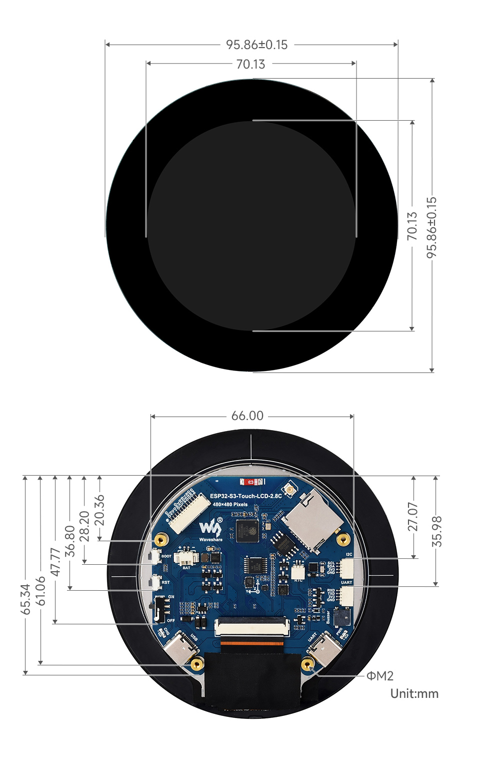 ESP32-S3 2.8inch Touch LCD, outline dimensions